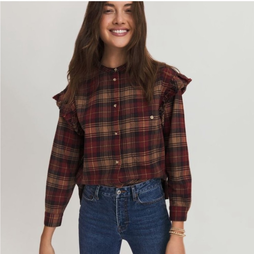 Something Navy Burgundy Plaid Ruffle-Trim Button-Front Blouse